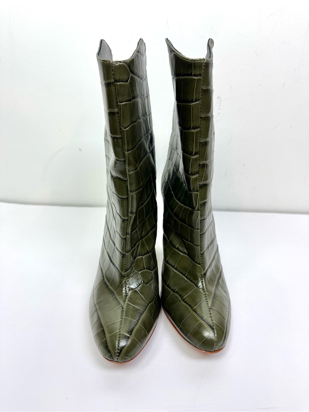 Schutz Gabrielle Olive Green Croc-Embossed Leather Boots Size 8 B - Picture 4 of 8